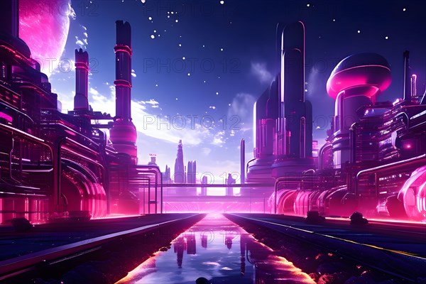 AI generated industrial futuristic landscape merging with ecopunk aesthetics in pink colors