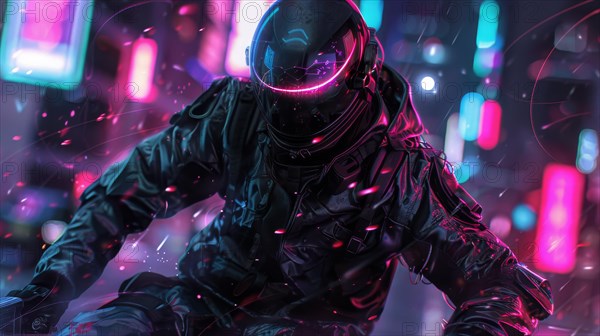 Rider in black gear with neon helmet highlights on a futuristic motorcycle in the rain, AI generated