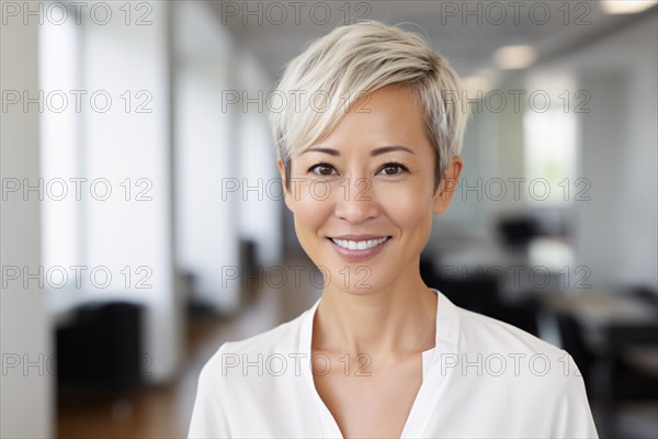 Smiling middle aged Asian woman with short hair. KI generiert, generiert, AI generated