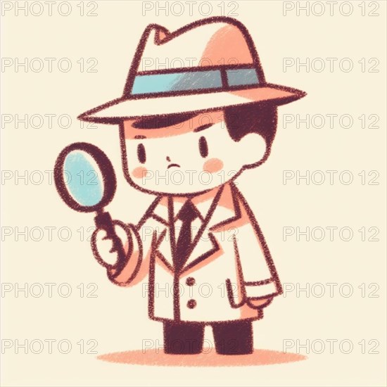 Cute cartoon detective character stands with a magnifying glass in hand, showcasing intelligence, investigation, and curiosity in a playful and charming illustration style, AI generated