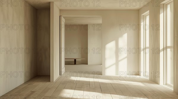Modern empty space with sunlight shining through windows creating patterns on the wooden floor, AI generated