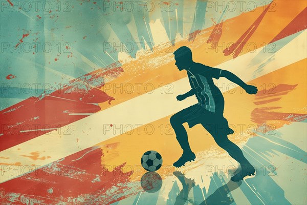 A soccer player dribbles and kicks a soccer ball. Abstract vintage grungy poster style with muted colors, AI generated