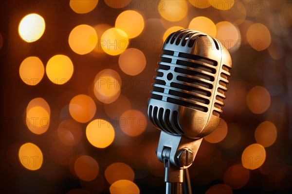 Microphone on a microphone stand with a blurry coloful background, AI generated