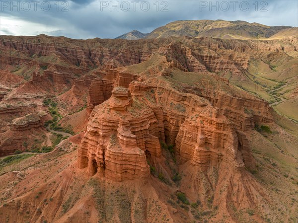 Gorge with eroded red sandstone rocks, Konorchek Canyon, Boom Gorge, aerial view, Kyrgyzstan, Asia