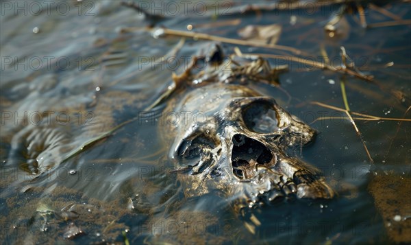Human skull floating in polluted waters AI generated