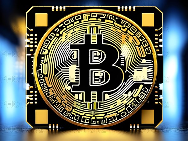 Symbol image for Bitcoin, cryptocurrency, close-up, golden coin with computer chip, AI generated, AI generated, AI generated