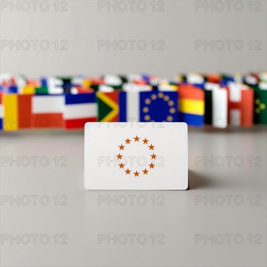 EU symbol on the front with various national flags as puzzle pieces in the background, AI generated