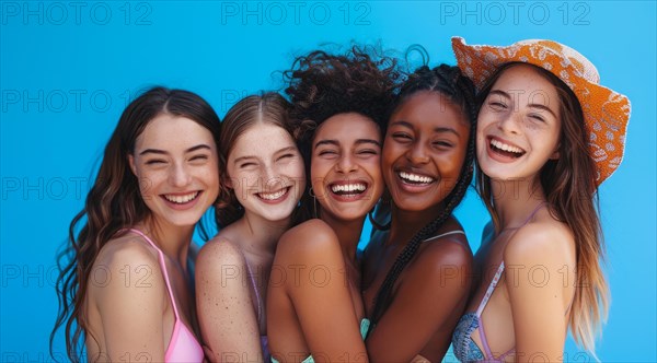 A group of women are smiling and posing for a photo. They are wearing bikinis and hats, AI generated