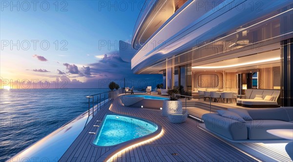 A large luxury yacht with a pool on the side of it. The pool is surrounded by a railing and has a view of the ocean. The yacht is white and has a blue sky in the background, AI generated