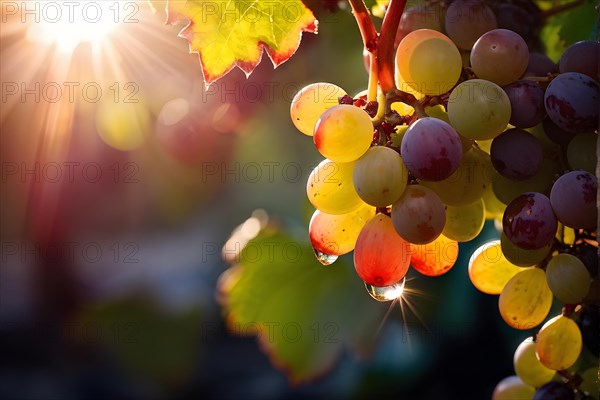 AI generated ripe grapes clinging to a vine sunlight dancing through the leaves accentuating their rich hues