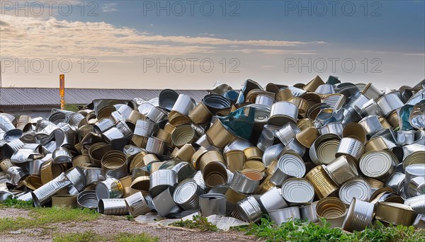 Symbol photo, waste, a large quantity of empty open tinplate cans on a heap, AI generated, AI generated