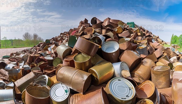 Symbol photo, waste, a large quantity of empty open rusted tinplate cans on a heap, AI generated, AI generated