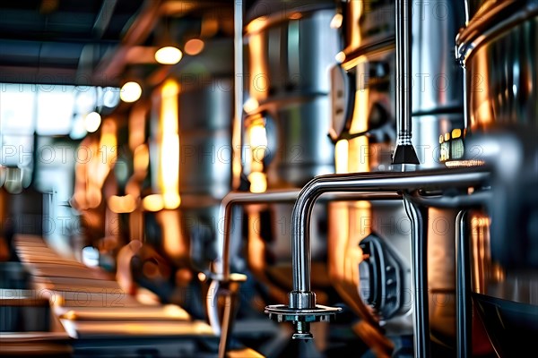 AI generated close up of a modern winery production line with stainless steel fermenting tanks