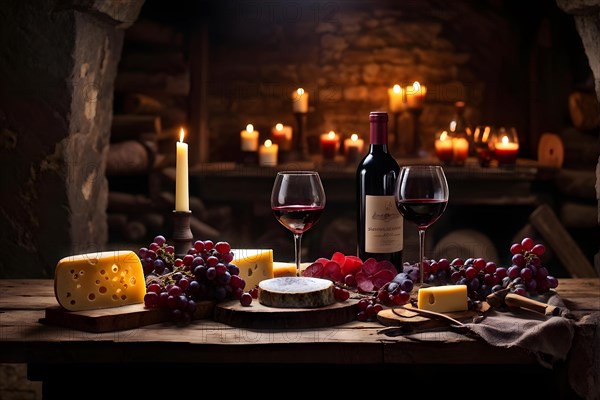 AI generated cellar wine tasting setup featuring rustic wooden table supporting several glasses of red wine