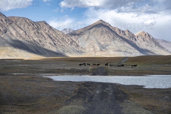 Off-road 4x4 track through a lake, gravel track on a plateau, dramatic high mountains, Tian Shan Mountains, Jety Oguz, Kyrgyzstan, Asia