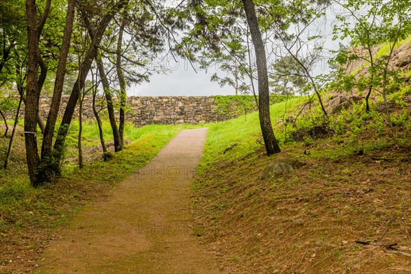 Remains of Japanese stone fortress at end of hiking trail in Suncheon, South Korea, Asia