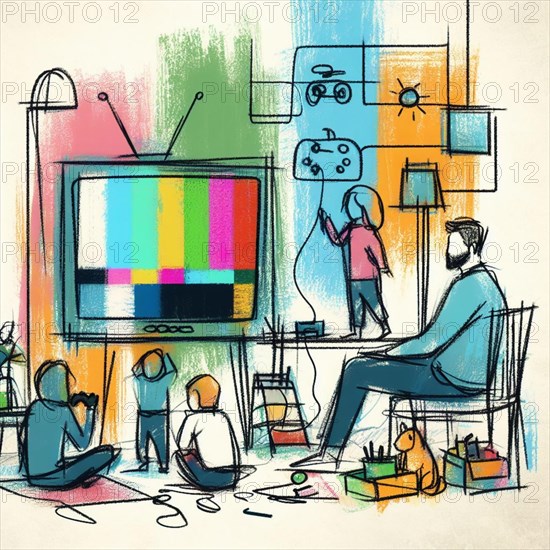 Colorful sketch of a family in a living room, children playing video games and a parent watching, AI generated