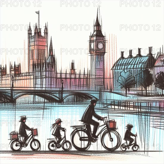 Sketch of a river scene with cyclists, a bridge, and iconic buildings in the background, AI generated