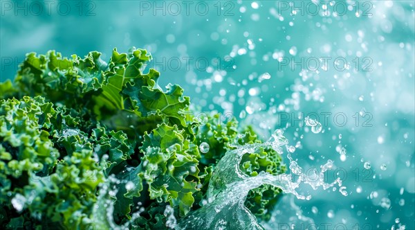 Fresh bunch of green kale floating in water. A concept of vegetarian lifestyle and vegetarian diet, AI generated