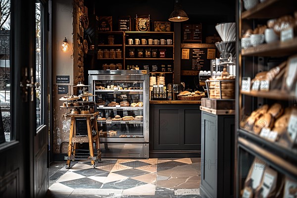 Cozy rustic bakery with pastries displayed in glass countertop and dark wood decor, AI generated