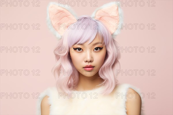 Asian woman with pastel colored hair and cat costume ears. KI generiert, generiert, AI generated
