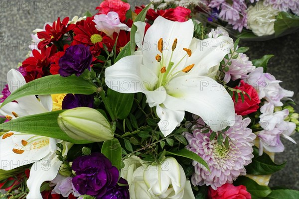 Colourful flower arrangement with white Lily (Lilium candidum) and purple accents, flower sale, Central Station, Hamburg, Hanseatic City of Hamburg, Germany, Europe