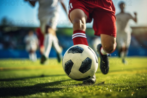 A soccer player kicks a ball on a football stadium field during game, AI generated