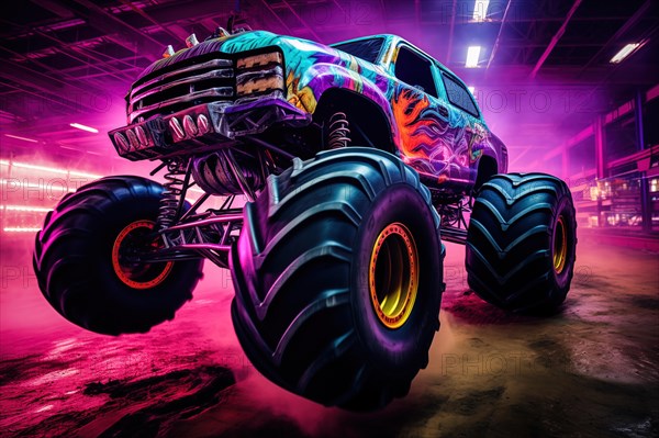 Monster truck with neon lighting, jumping off-road in cloud of dust. Excitement and thrill of an extreme sport, AI generated