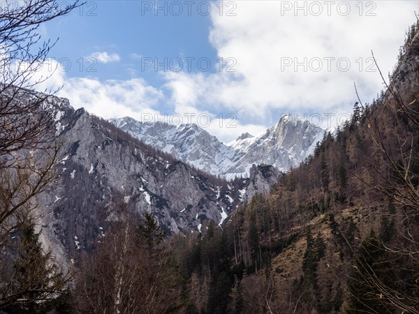 Snow-covered Alpine peaks, Jassingalm, Styria, Austria, Europe
