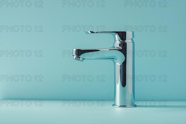 Water faucet tap on blue studio background. KI generiert, generiert, AI generated