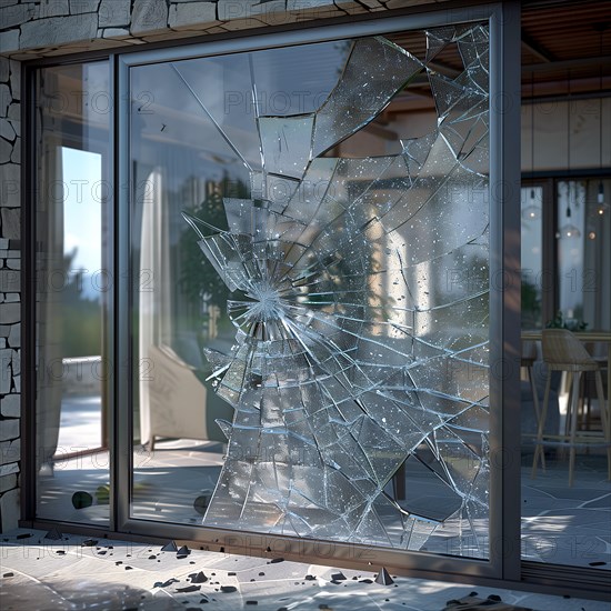 A smashed patio door with a view of the inside of a house during the day, burglary, burglar, burglary, AI generated