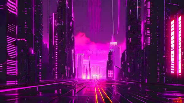 AI generated illustration of a cityscape with skyscrapers and holographic elements in pink color tones