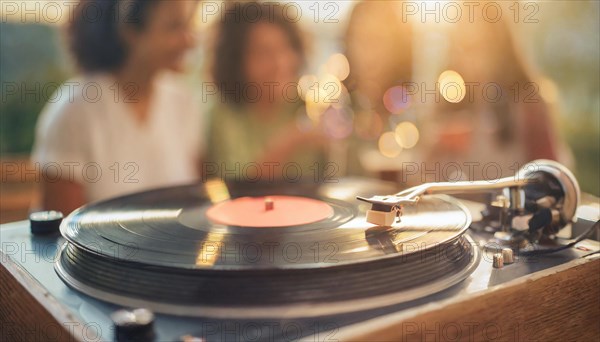 Friends enjoy drinks vinyl record playing together in cozy setting at sunset, bokeh effect ai generated, AI generated