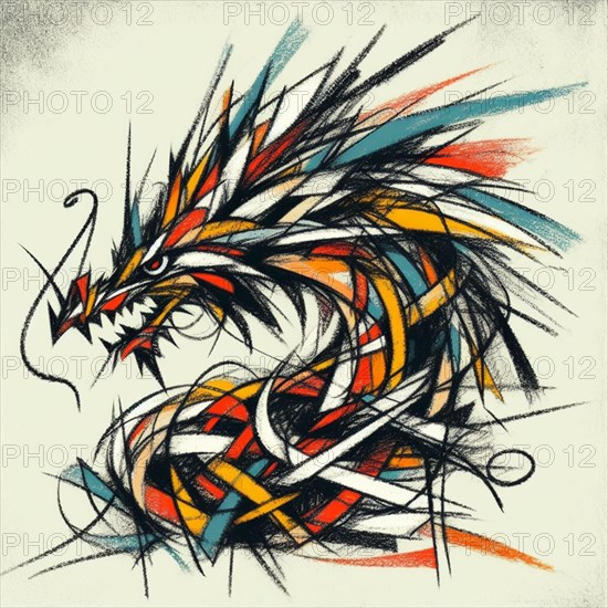 Colorful and dynamic abstract crayon sketch of an aggressive dragon, AI generated