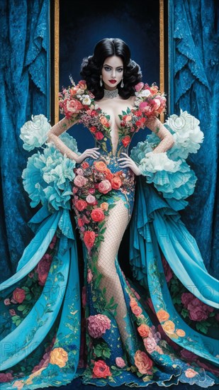 Model in an elaborate floral gown posing against a blue draped background, AI generated
