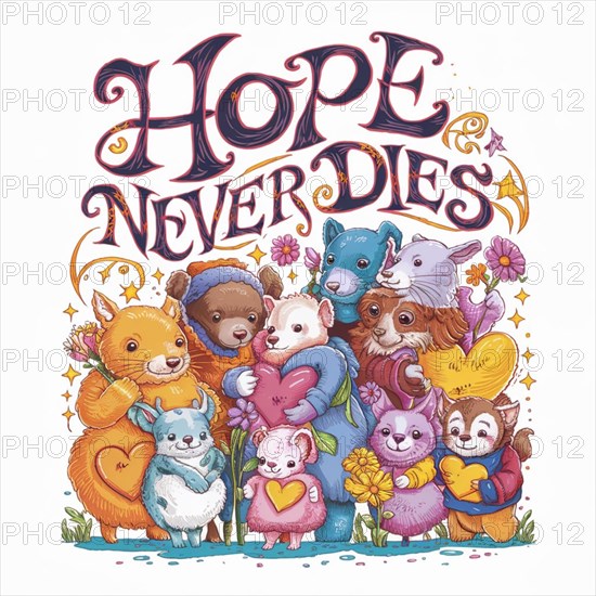 Illustration of cute animals with flowers and hearts around 'Hope Never Dies' text, AI generated