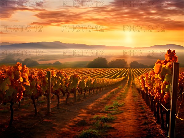 AI generated sunrise over a lush vineyard during autumn with harvest dew kissed grapes glistening