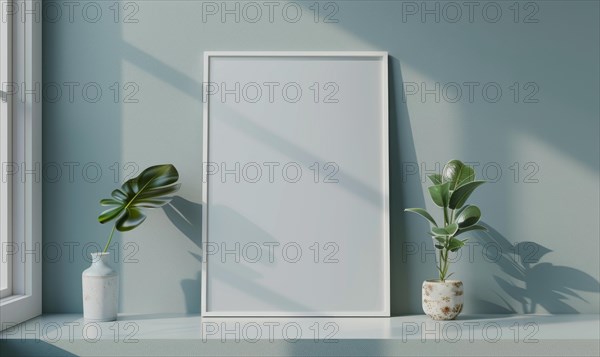 A blank image frame mockup on a pale gray-blue wall in a minimalistic modern interior room AI generated