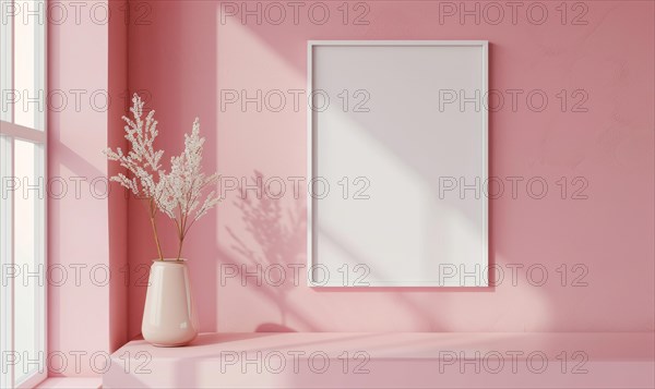 A blank image frame mockup on a soft blush pink wall in a minimalistic modern interior room AI generated