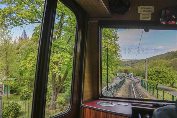 Drachenfelsbahn, Germany's oldest cog railway up the Drachenfels, a mountain in the Siebengebirge mountains above the Rhine between Koenigswinter and Bad Honnef, North Rhine-Westphalia, Germany, Europe