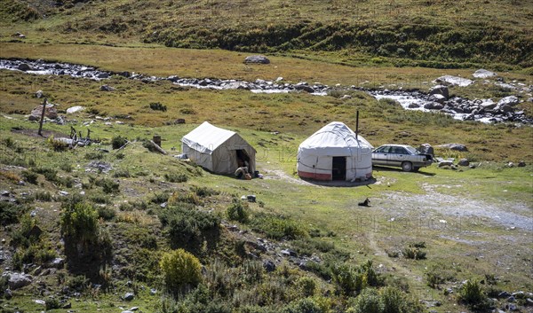 Yurt and hut in the mountains, Issyk Kul, Kyrgyzstan, Asia