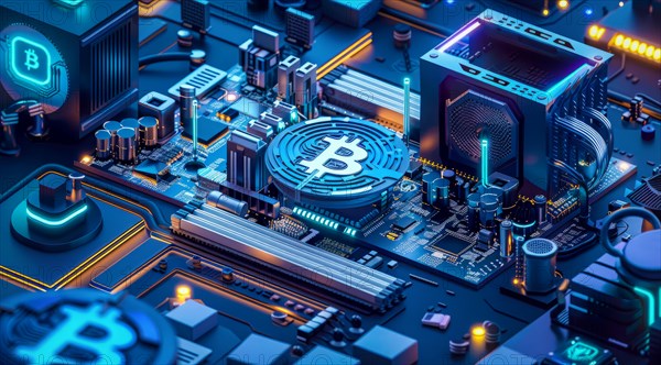 Bitcoin crypto farm dealing with bitcoin mining, AI generated