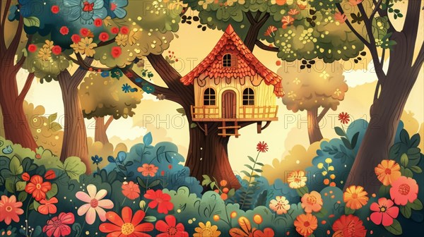 Serene treehouse bathed in soft sunset light, surrounded by flowers and warm, inviting forest hues, AI generated