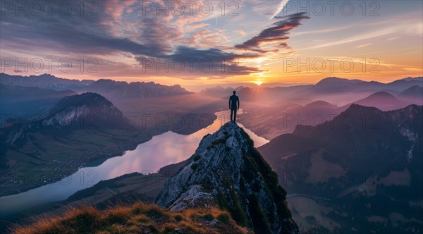 A man stands on a mountain top overlooking a beautiful lake. Concept of personal success, AI generated