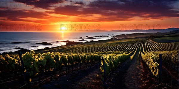 AI generated panoramic view of a coastal vineyard with ocean in the background in ambient light