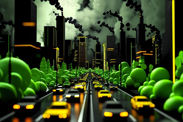 Dystopian cityscape with green lights highlighting pollution and industrialization, 3D, illustration, AI generated