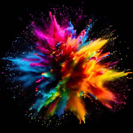 Rainbow-colored holi powder explosively dispersing against a black background, AI generated