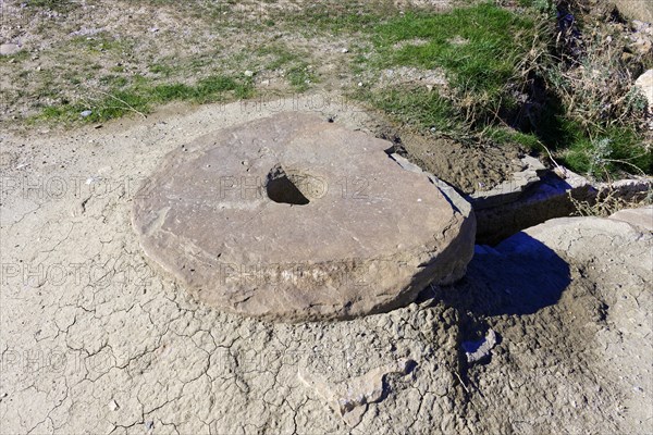 Ruins of the Urartian citadel of Cavustepe, Circular stone used for ritual sacrifices of animals, Van, Turkey, Asia