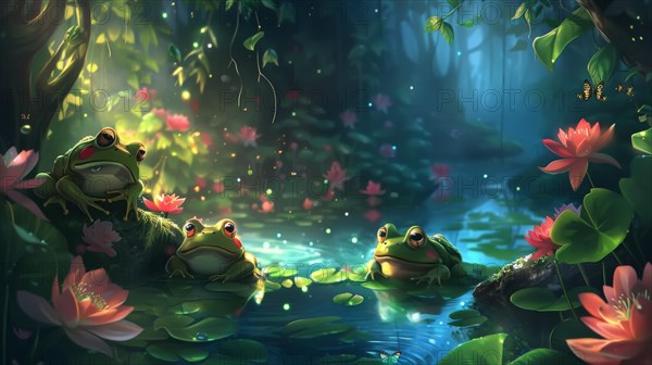Frogs on lily pads at night with red flowers, creating a magical, serene atmosphere, AI generated