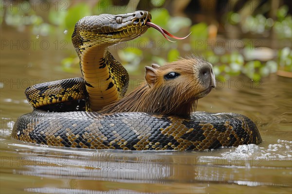 Large anaconda chasing a capybara, AI generated